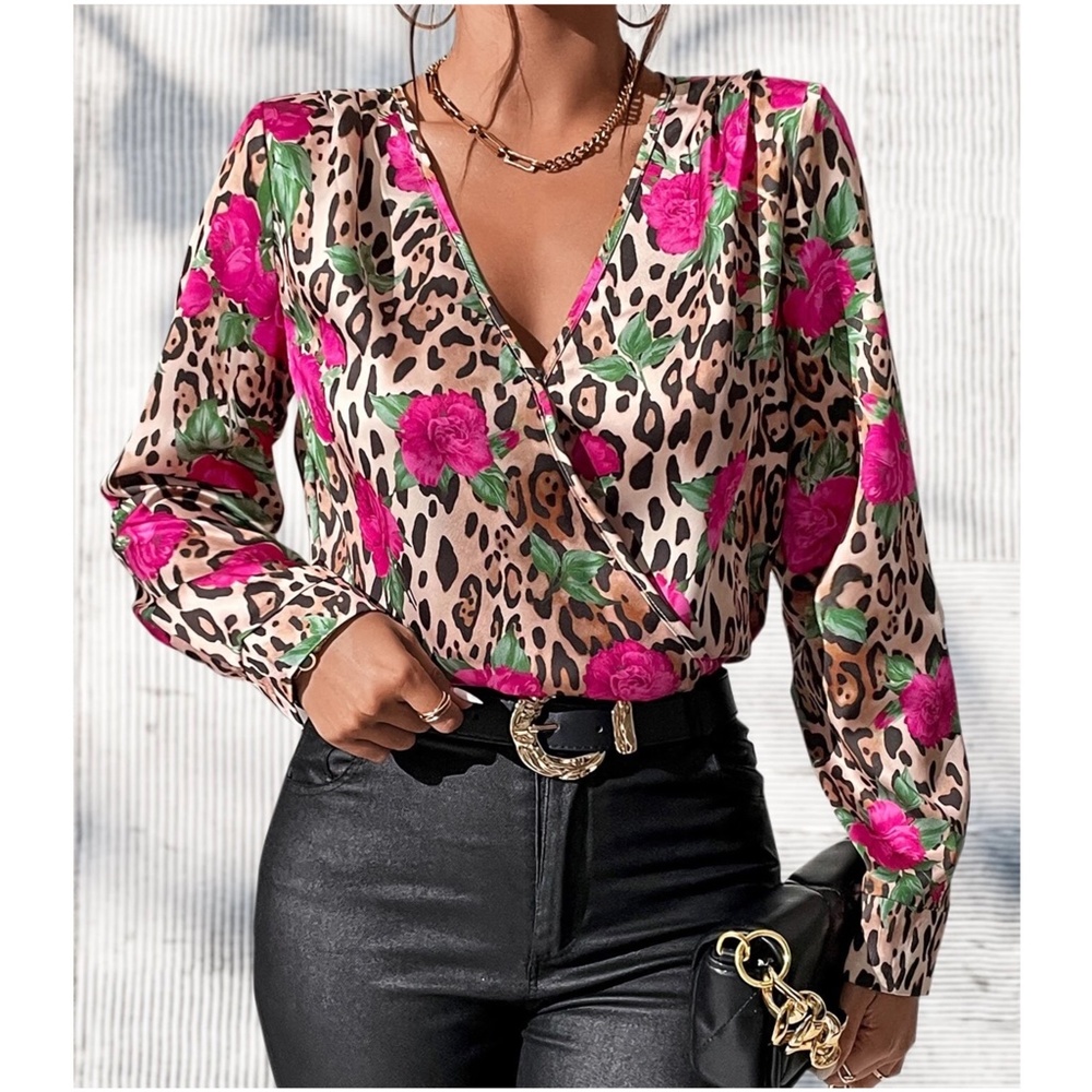 Luxe Floral Leopard Print Satin Bodysuit - Picture 3 of 3